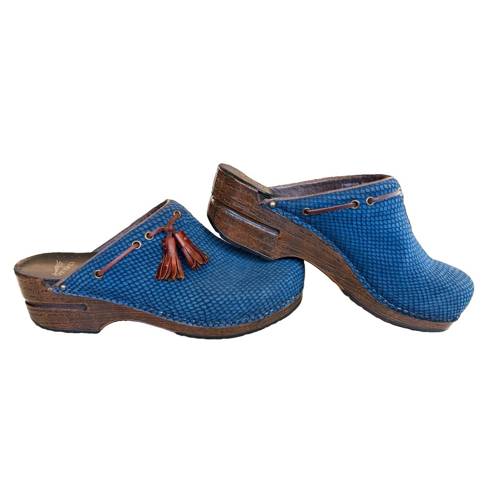 Dansko Shannon Blue Snake Embossed Leather Tassel Clog Mules Women's Sz 11